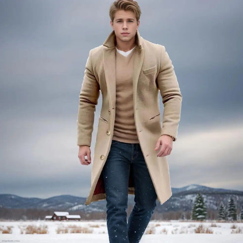 Elegant Men's Woolen Coat with Lapel Pockets - Single Breasted Long Sleeve Jacket Perfect for Autumn and Winter Casual Wear